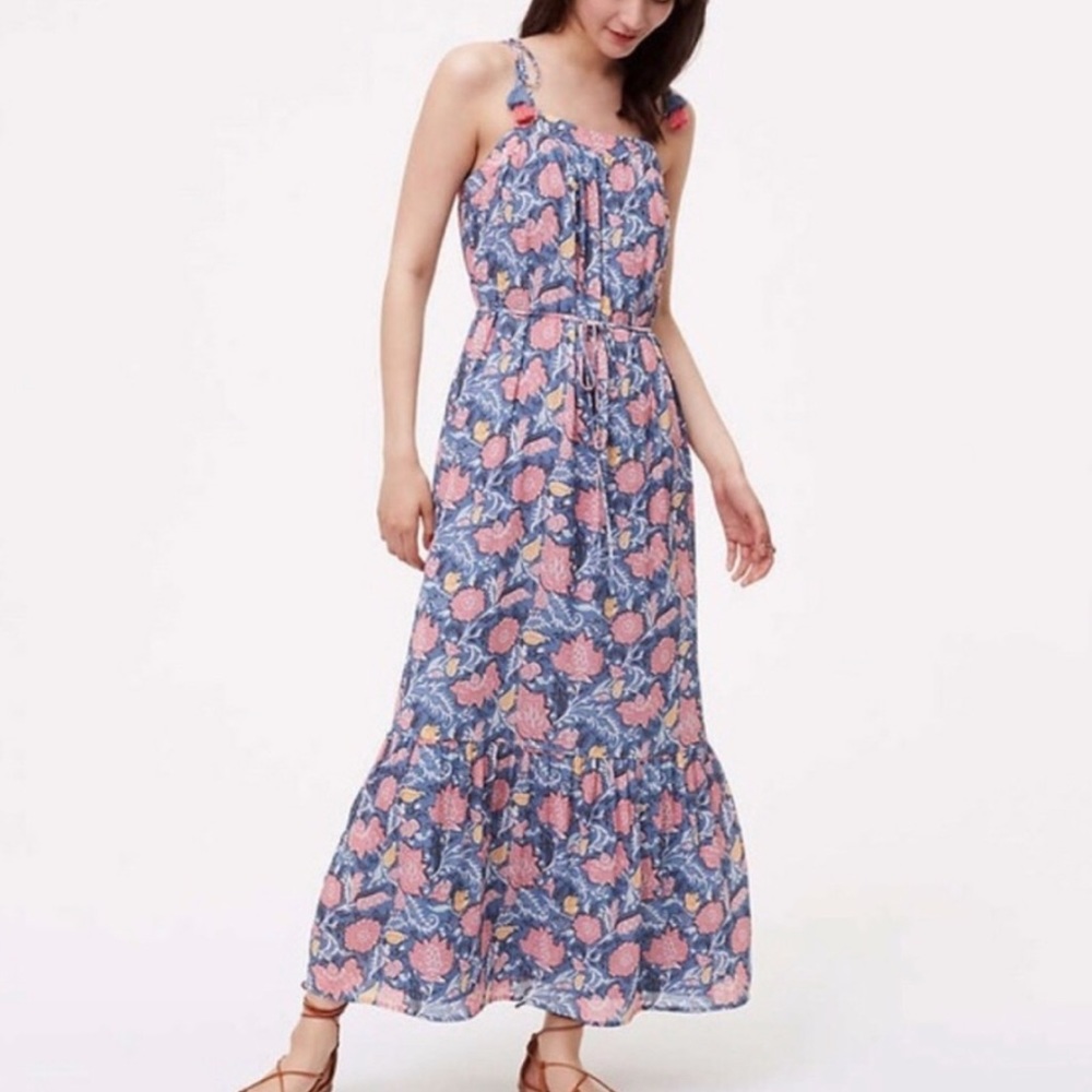 Loft Bohemian Tassel Floral Tiered Maxi Dress S